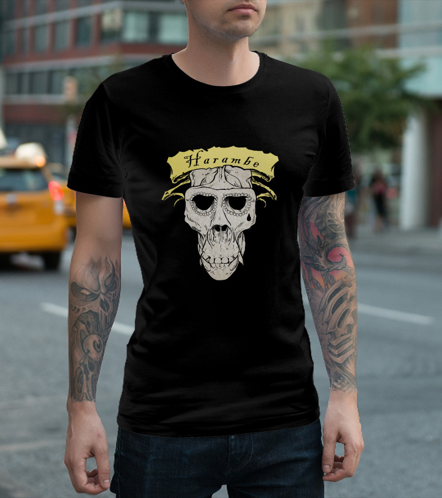 Harambe Skull with Tear Drop and Decorative Banner T-Shirt