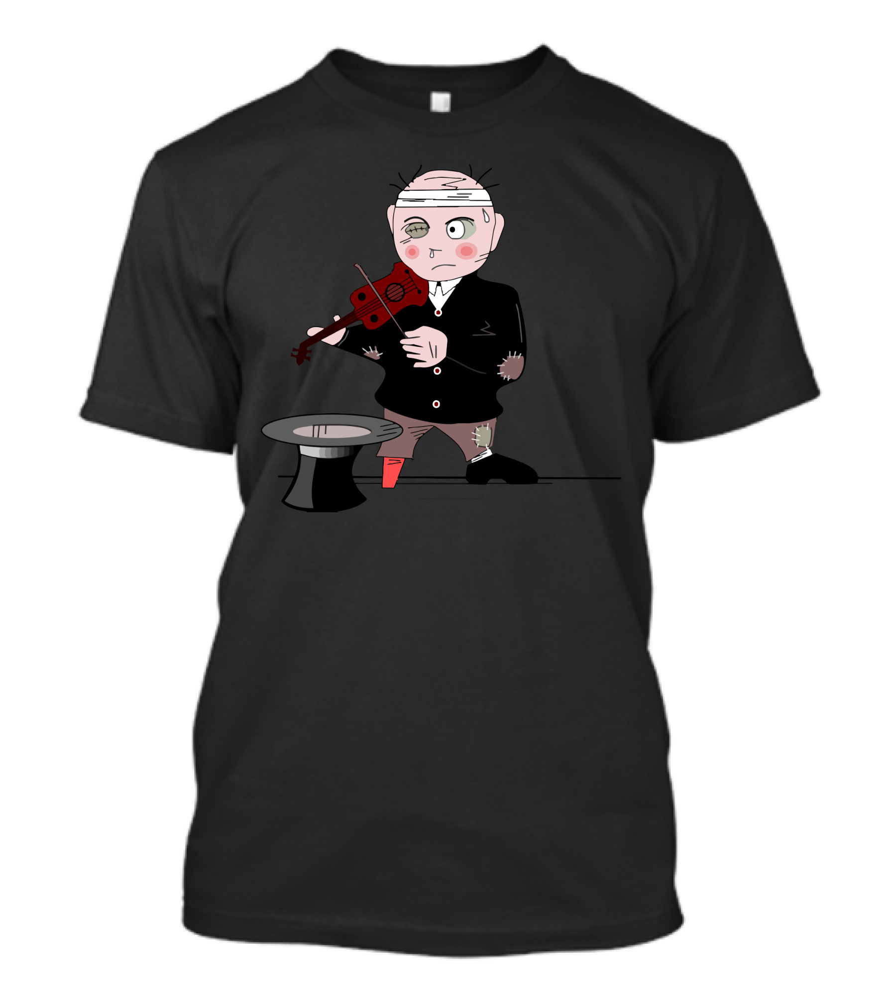 Music For Life Violin Street Performer With Worn Clothes And Red Violin T-Shirt