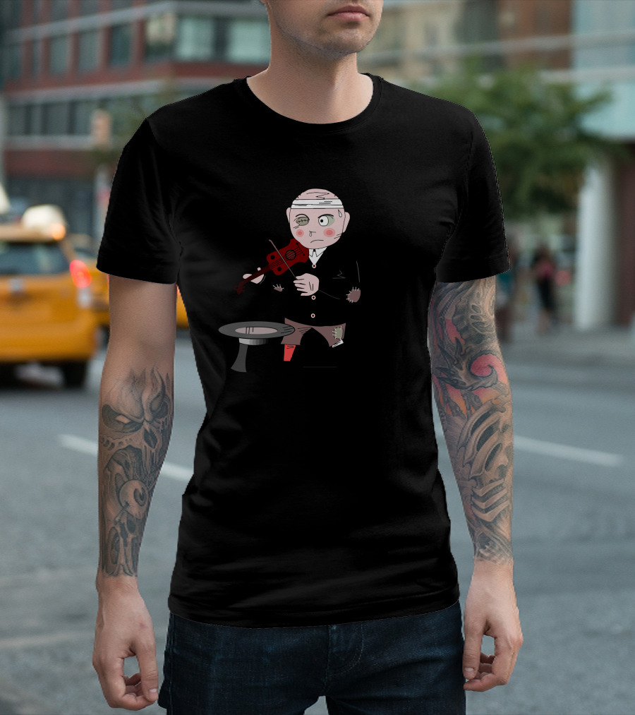Music For Life Violin Street Performer With Worn Clothes And Red Violin T-Shirt
