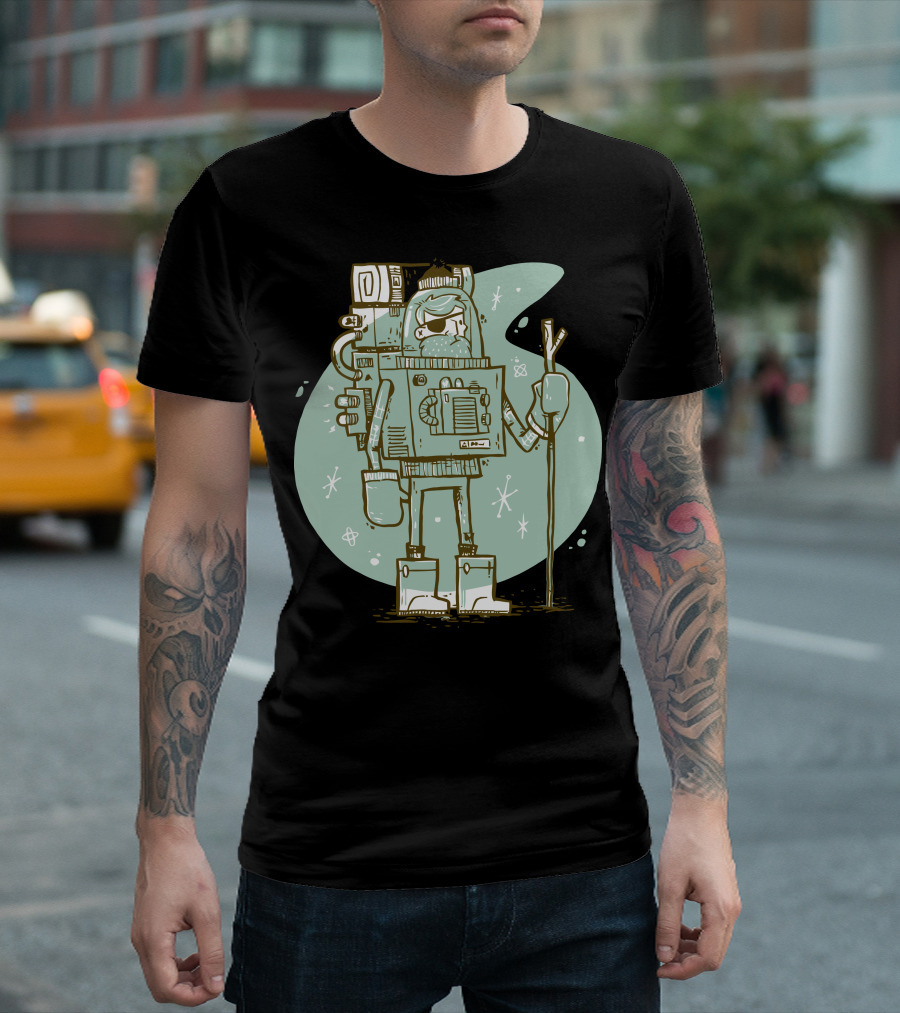 Retro Explorer Robot with Hiking Gear and Space Background T-Shirt