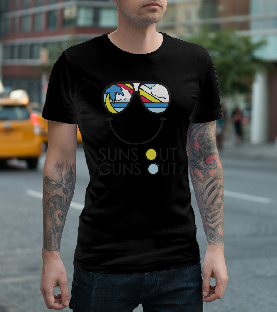 Suns Out Guns Out Sunglasses Beach Palm Trees Sky T-Shirt