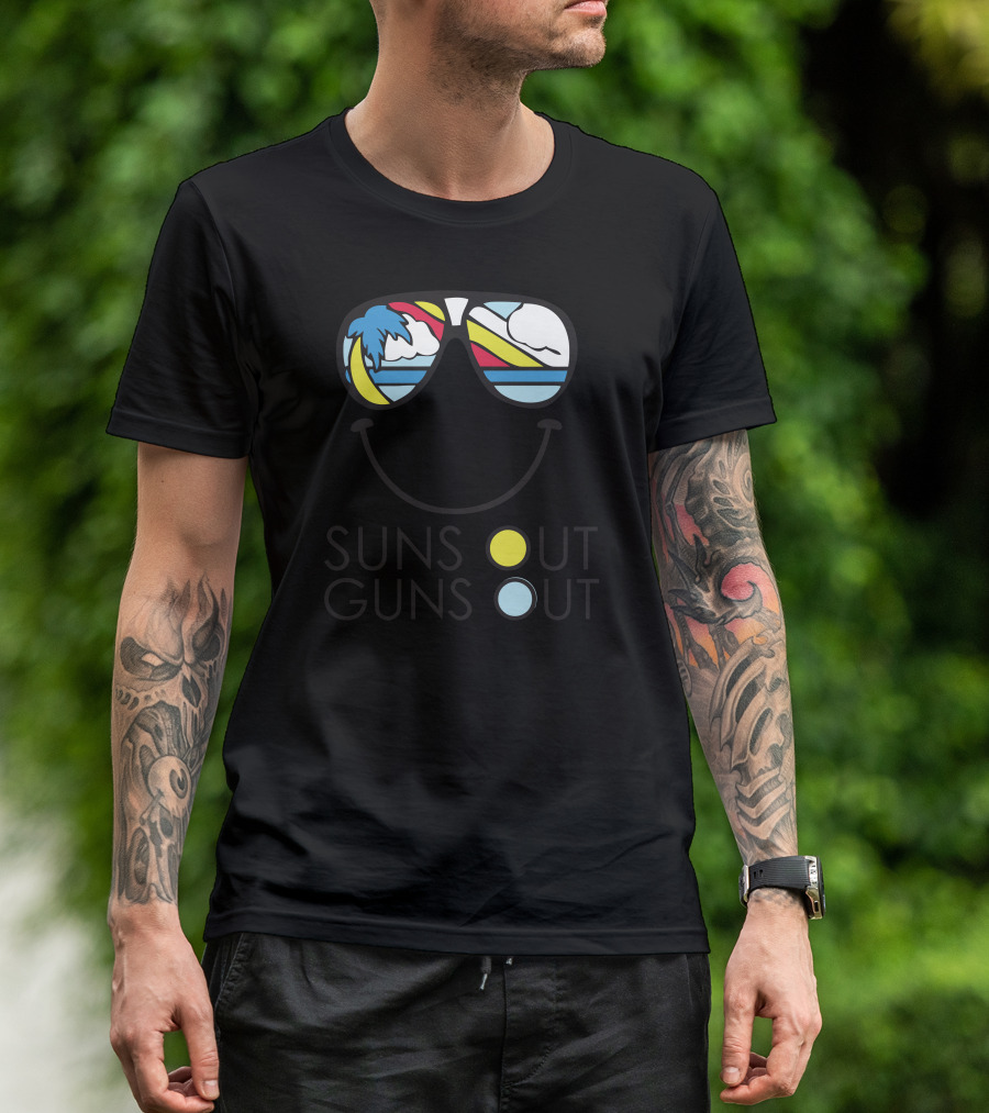 Suns Out Guns Out Sunglasses Beach Palm Trees Sky T-Shirt
