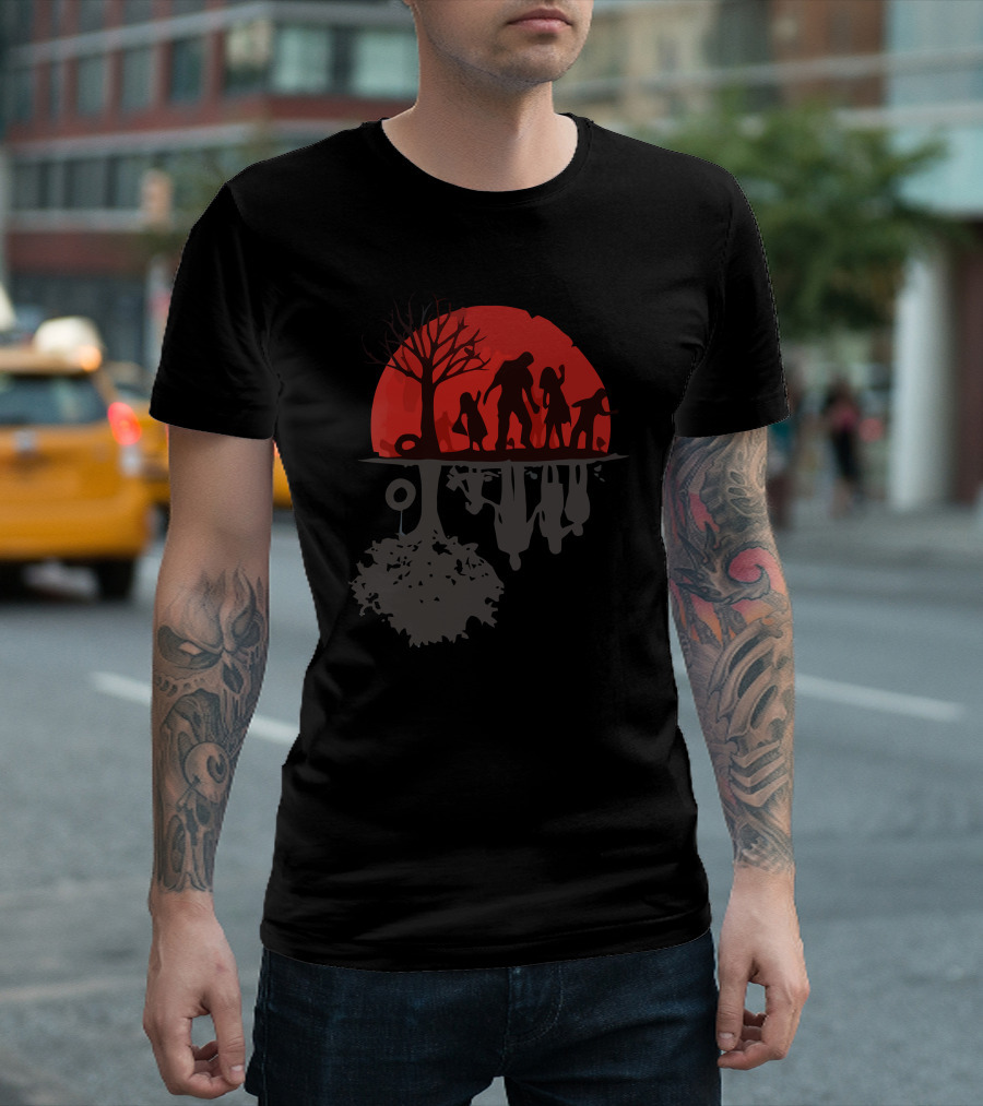 Zombie Family Walking Silhouettes in Front of Red Moon with Bare Tree and Underground Roots T-Shirt
