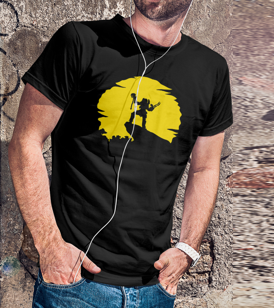 Predator Silhouette Warrior Holding Skull Against Yellow Moon Backdrop T-Shirt