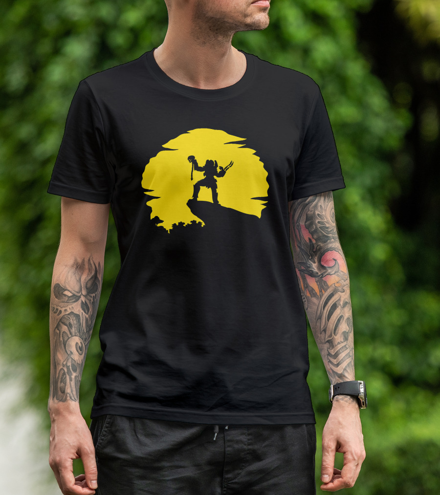 Predator Silhouette Warrior Holding Skull Against Yellow Moon Backdrop T-Shirt