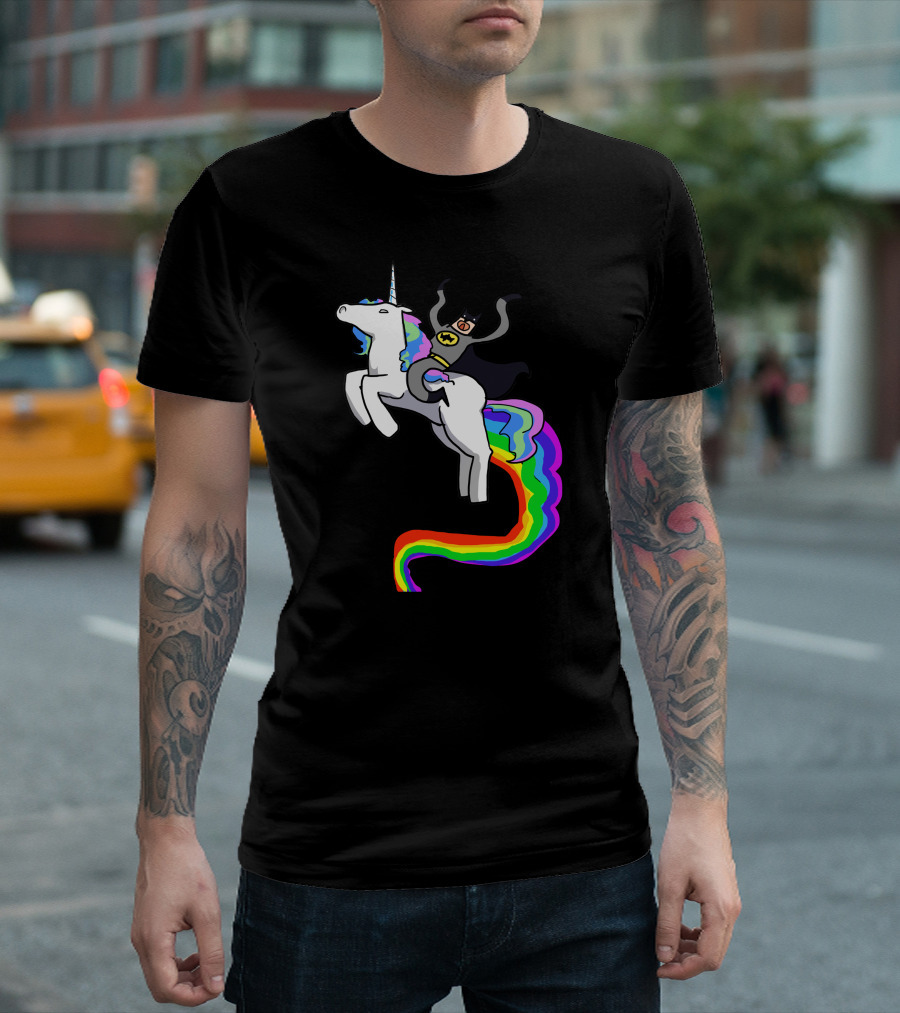 Bat Riding Unicorn on Rainbow Tail T-Shirt