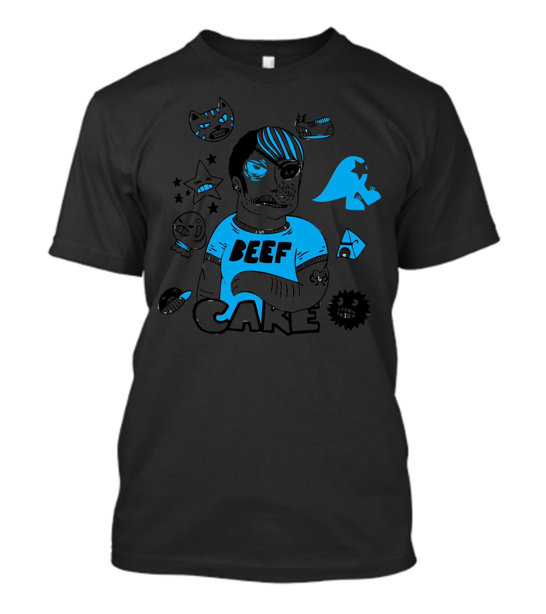 BEEF CAKE Man Cartoon Characters Blue Black T-Shirt