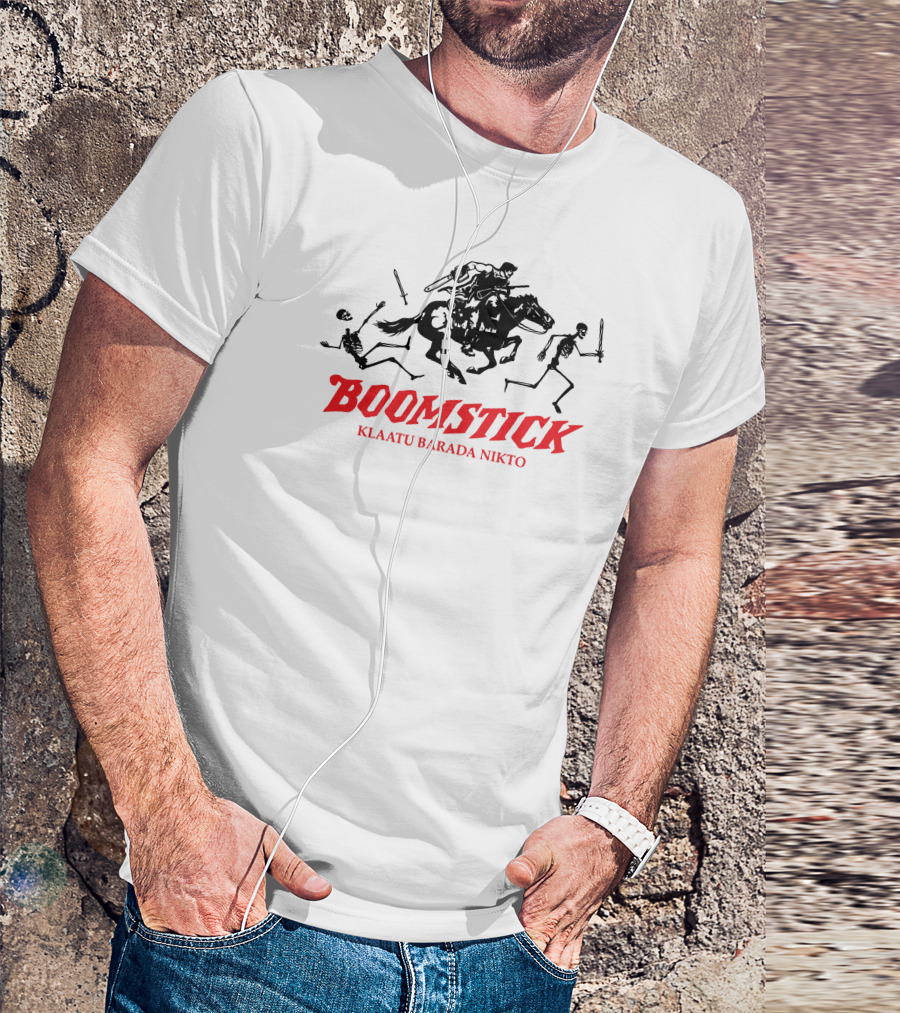 Boomstick Klaatu Barada Nikto Skeleton Chase Scene T-Shirt