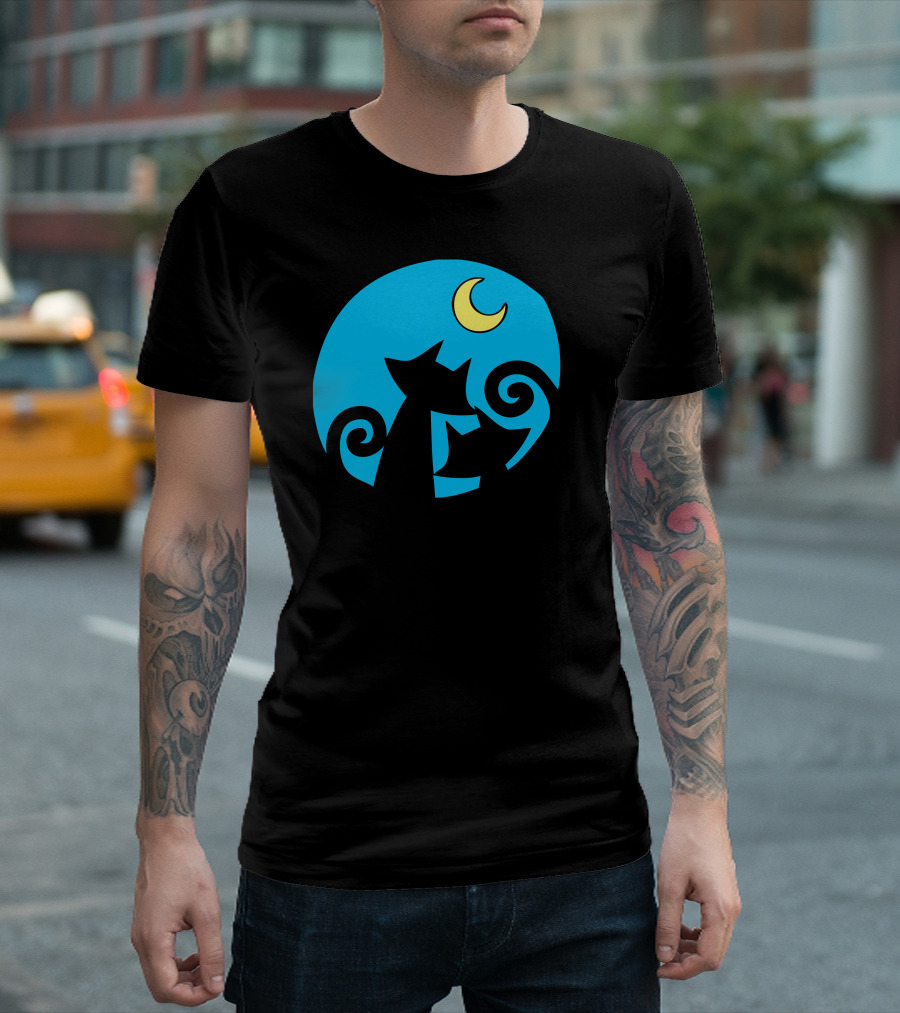 Cat In Love Under Crescent Moon Night T-Shirt