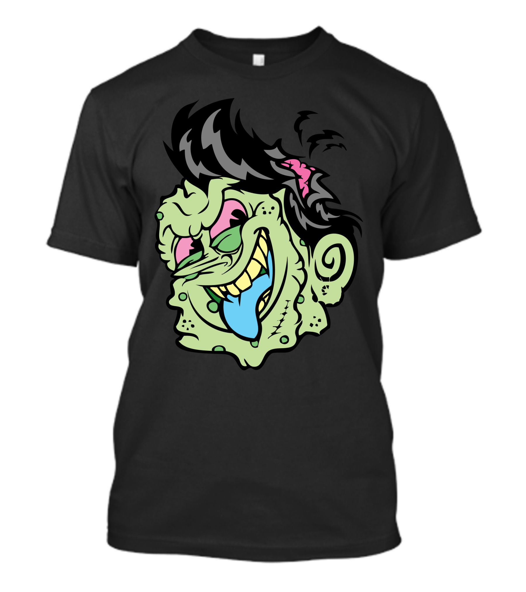 Hello I Am Zombie Punk Cartoon Head With Green Skin And Black Hair T-Shirt
