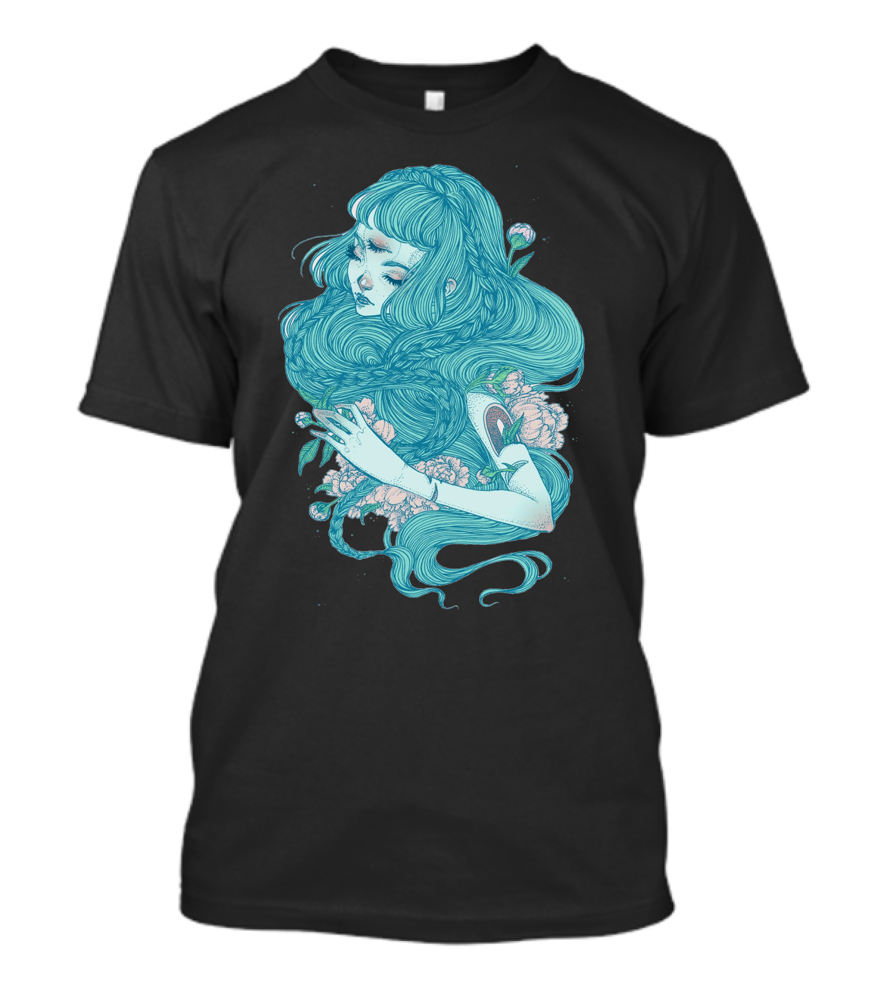 Hime Dreamlike Blue Haired Girl Surrounded By Flowers And Leaves T-Shirt