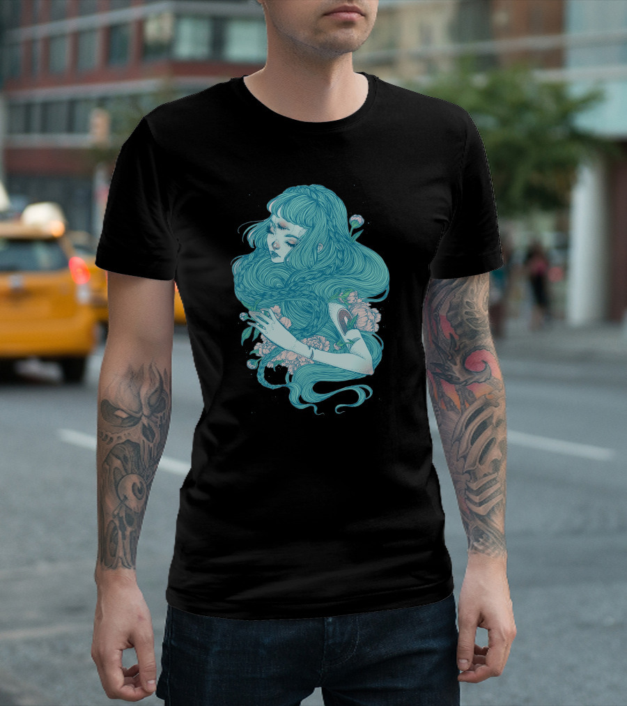 Hime Dreamlike Blue Haired Girl Surrounded By Flowers And Leaves T-Shirt