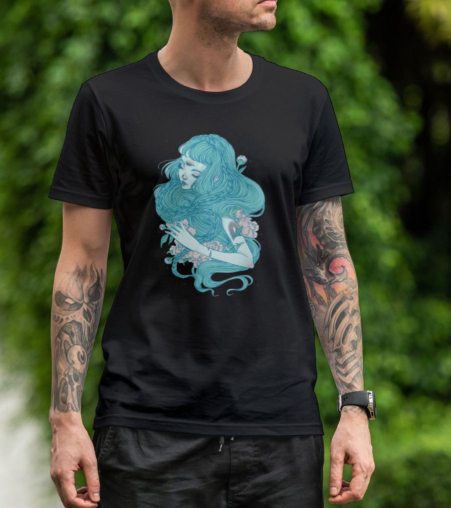Hime Dreamlike Blue Haired Girl Surrounded By Flowers And Leaves T-Shirt