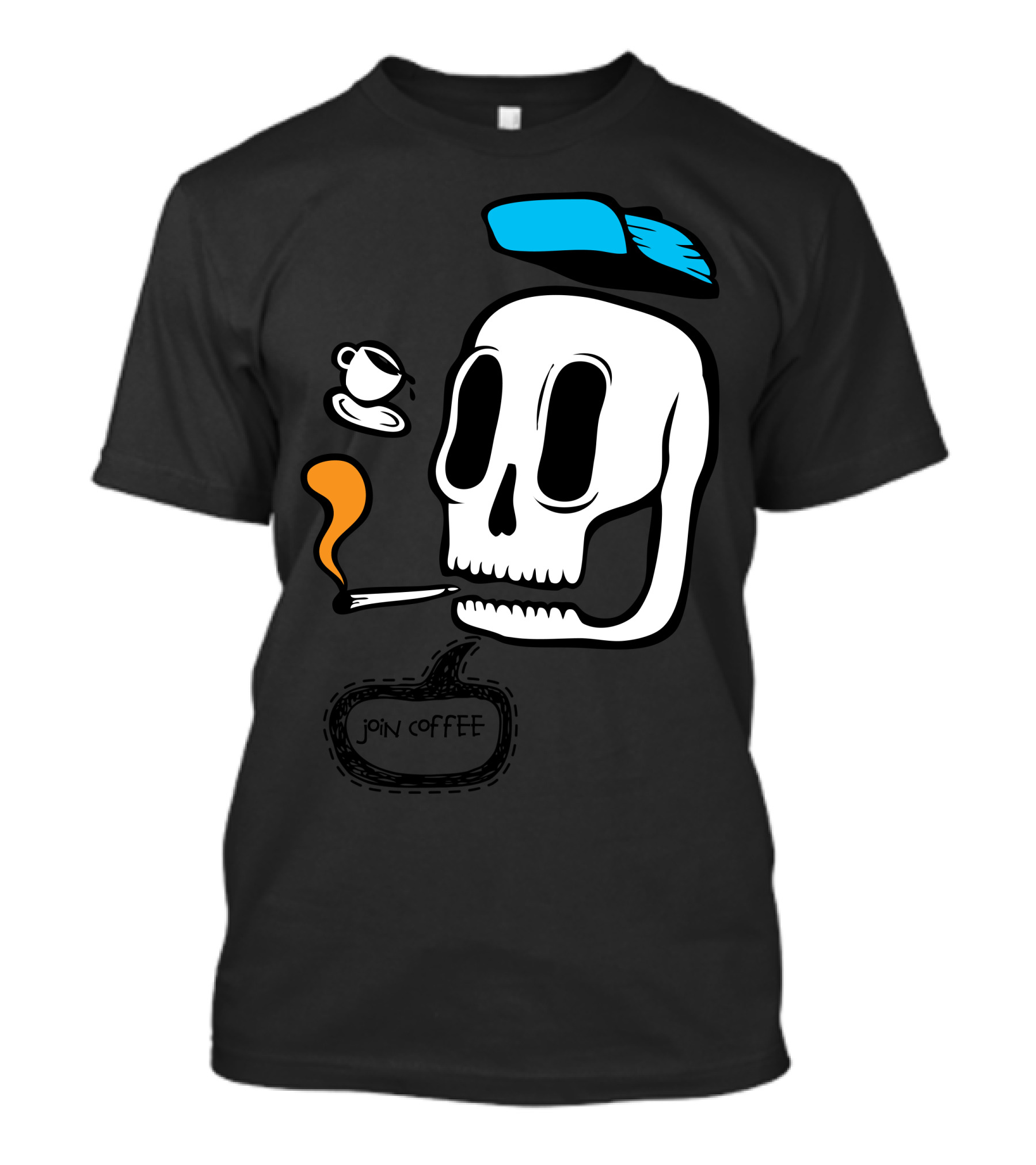 Join Coffee Skull Smoking With Floating Cup And Blue Cap T-Shirt