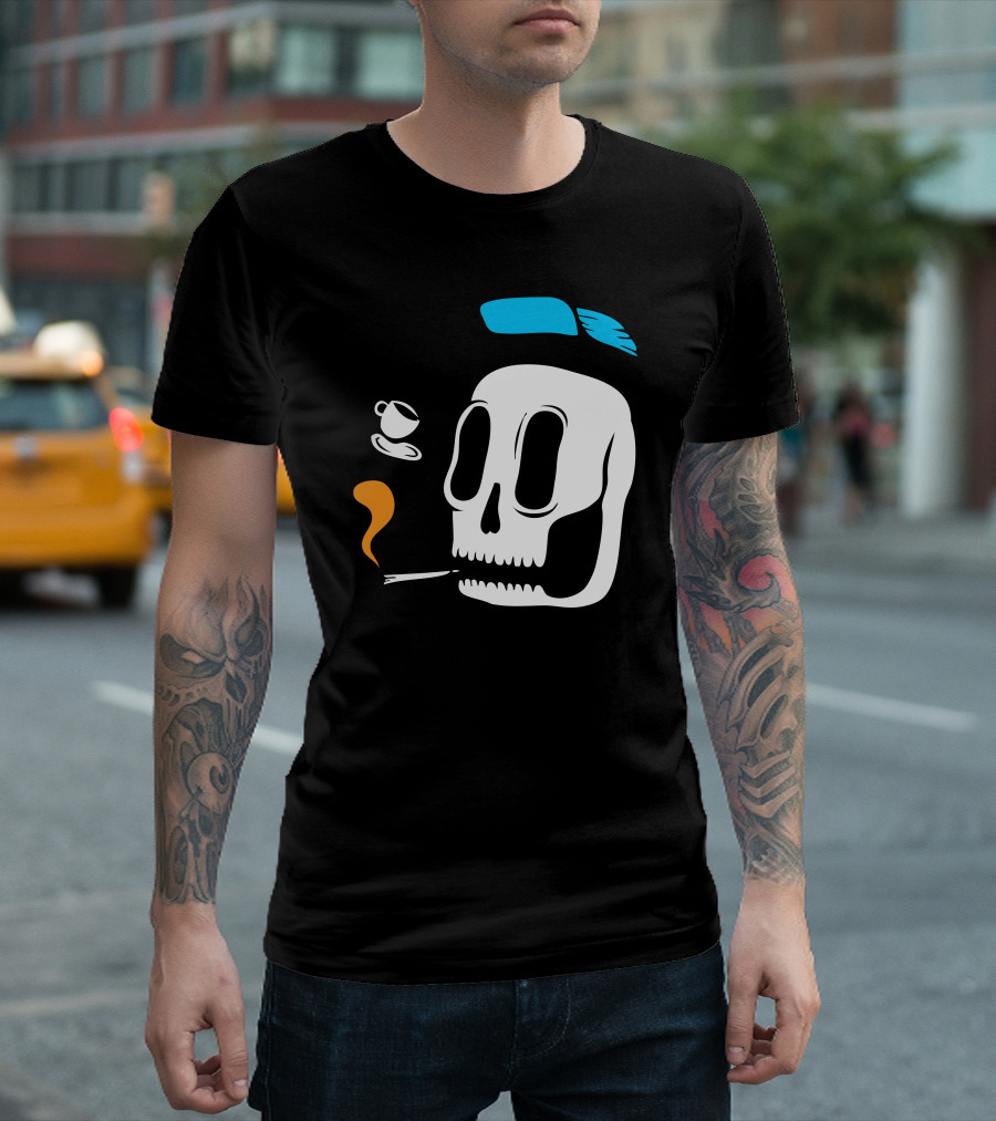 Join Coffee Skull Smoking With Floating Cup And Blue Cap T-Shirt