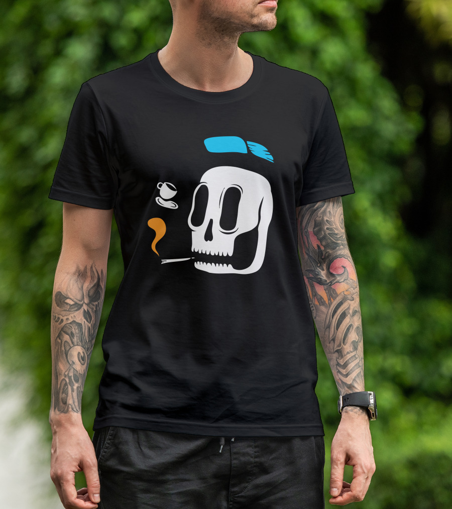 Join Coffee Skull Smoking With Floating Cup And Blue Cap T-Shirt