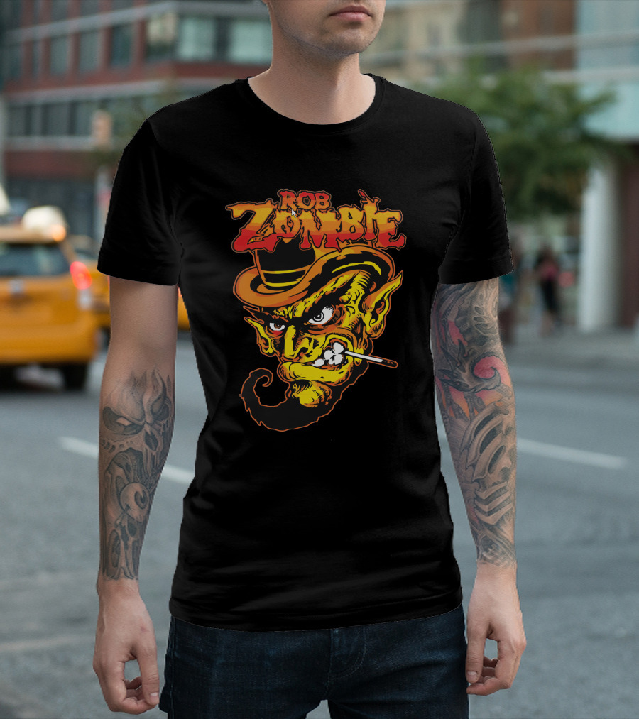 Rob Zombie Logo With Smoking Green Goblin Wearing Top Hat T-Shirt