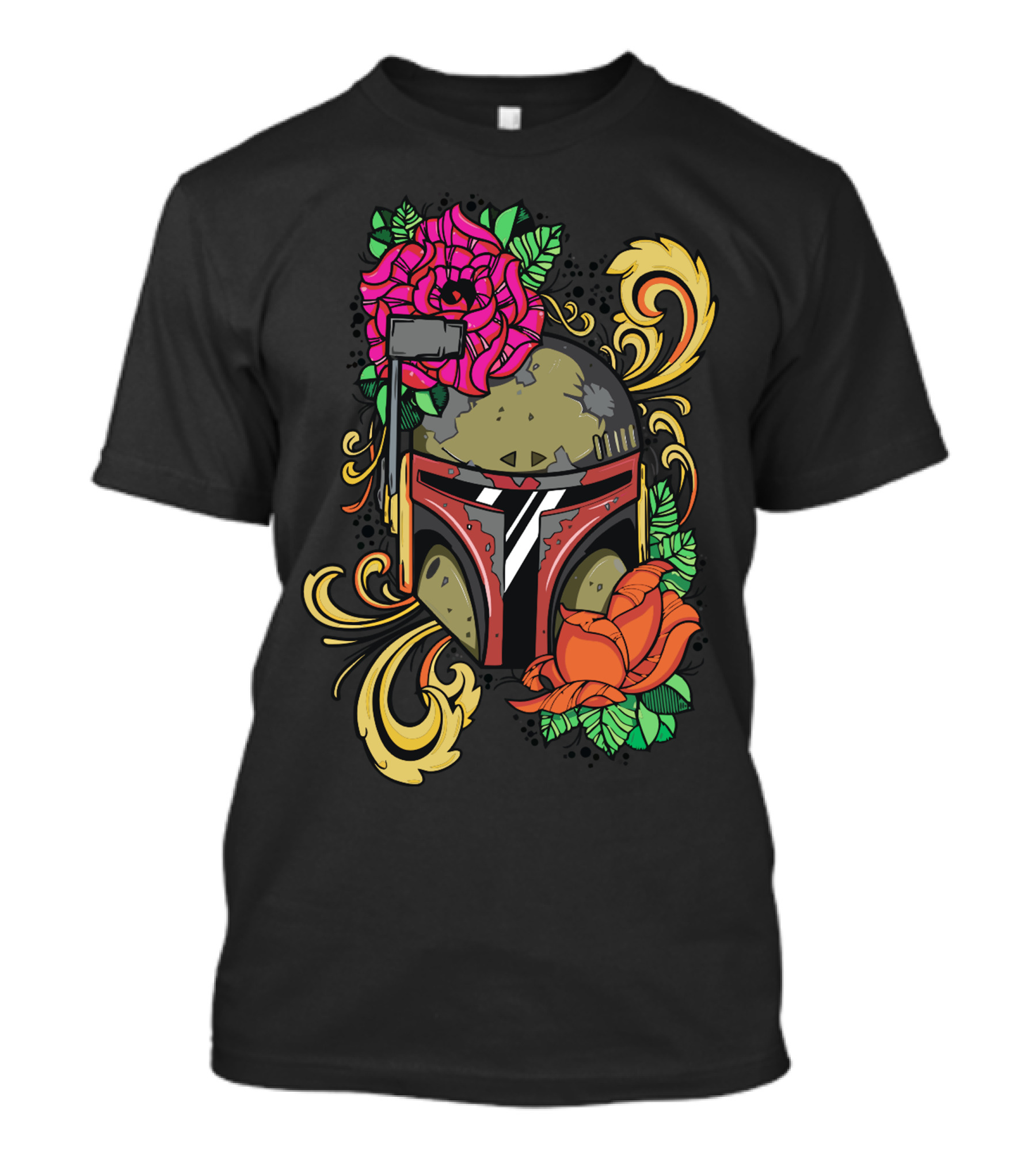 Boba Fett Helmet Surrounded By Floral Patterns And Flourishes T-Shirt