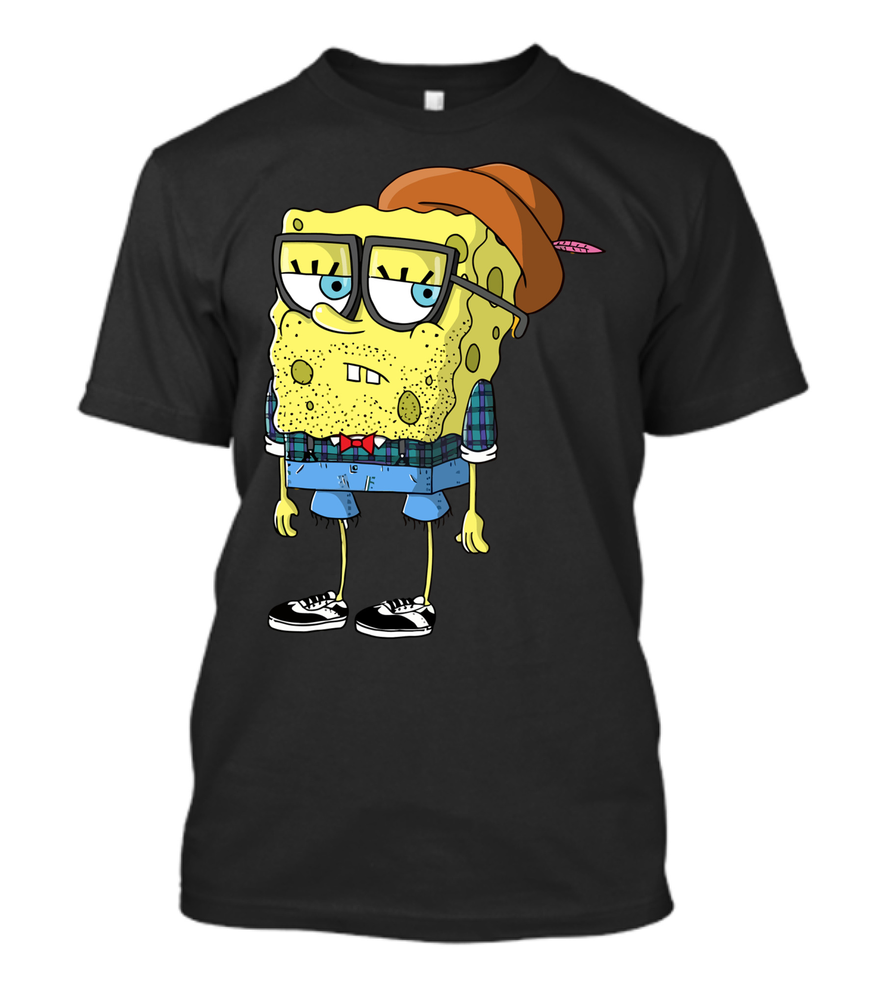 Hipster Spongebob Squarepants Glasses Plaid Shirt Bowtie Fedora Sneakers T-Shirt