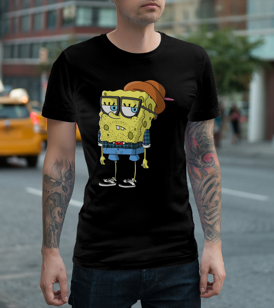 Hipster Spongebob Squarepants Glasses Plaid Shirt Bowtie Fedora Sneakers T-Shirt