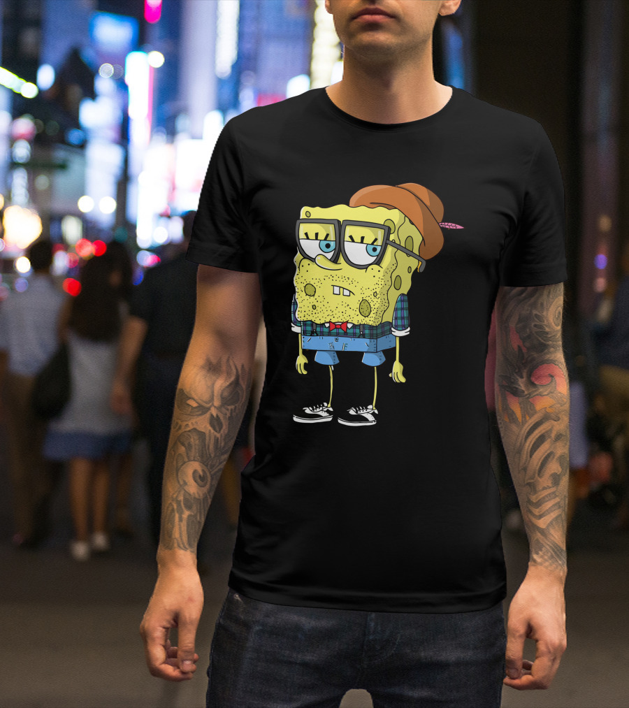 Hipster Spongebob Squarepants Glasses Plaid Shirt Bowtie Fedora Sneakers T-Shirt
