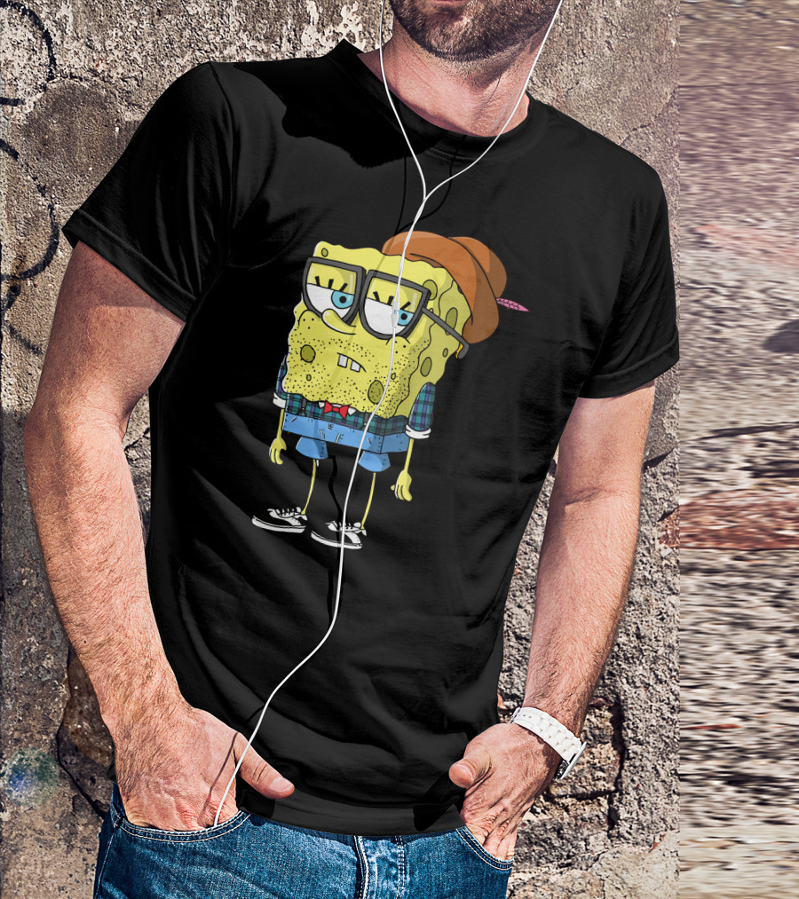 Hipster Spongebob Squarepants Glasses Plaid Shirt Bowtie Fedora Sneakers T-Shirt