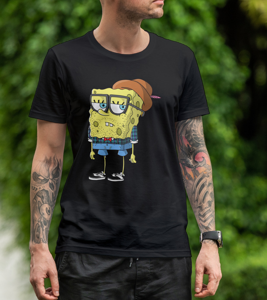 Hipster Spongebob Squarepants Glasses Plaid Shirt Bowtie Fedora Sneakers T-Shirt