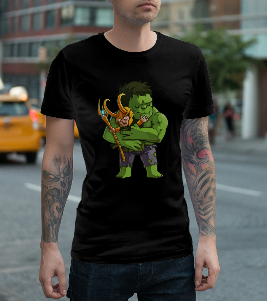 Loki Needs Love Hulk Hugging Loki Scepter T-Shirt