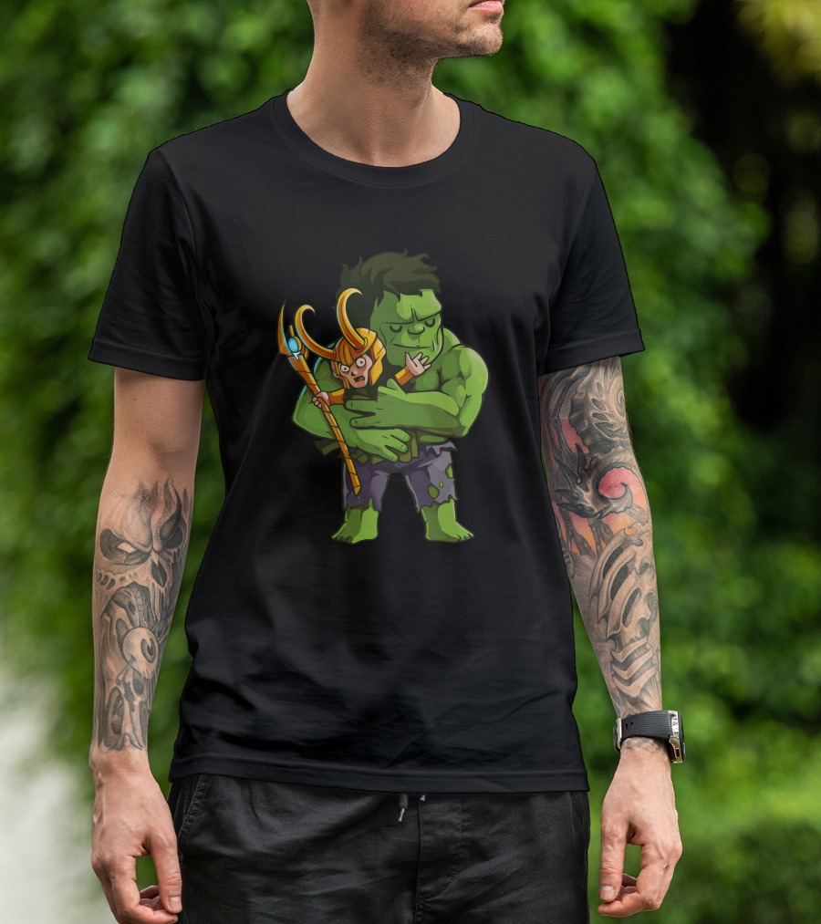 Loki Needs Love Hulk Hugging Loki Scepter T-Shirt