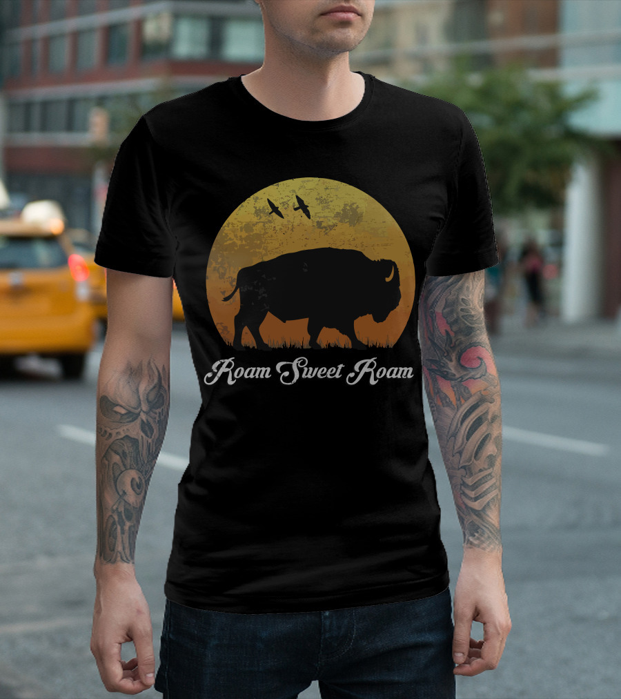 Roam Sweet Roam Bison Silhouette with Sunset and Birds T-Shirt
