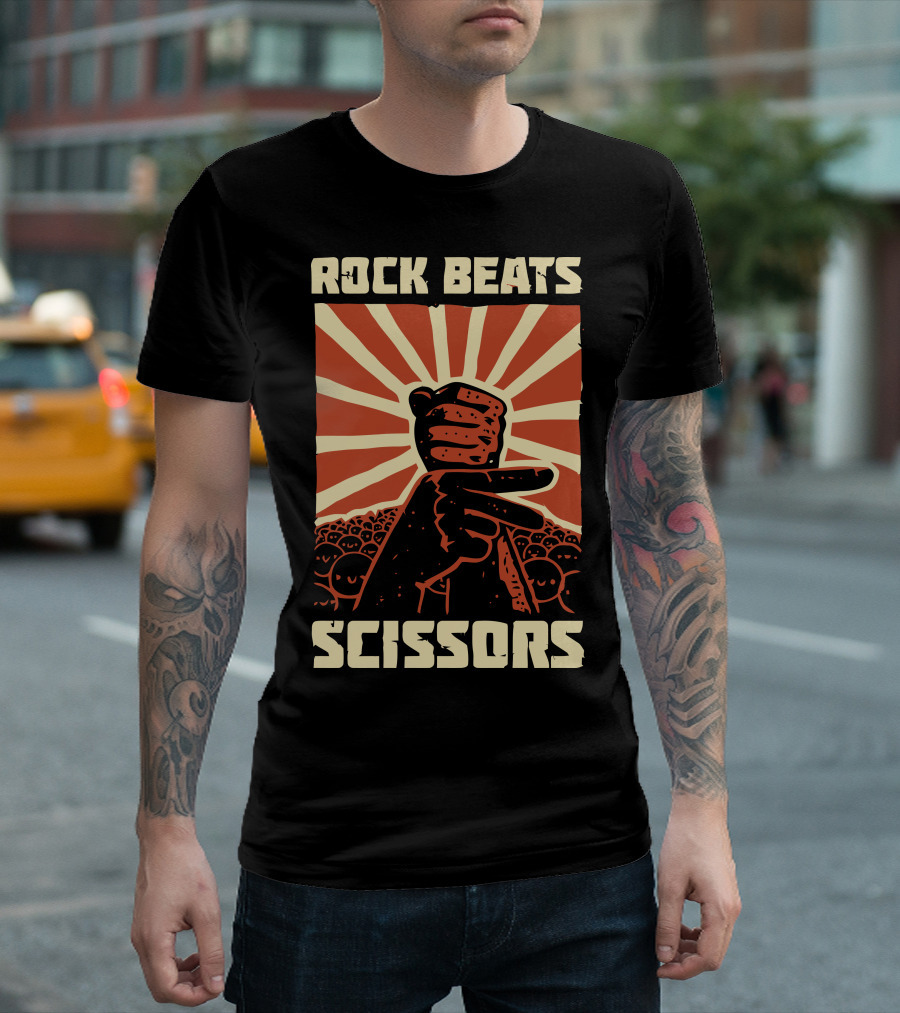 Rock Beats Scissors Hand Gesture with Sunburst and Crowd Background T-Shirt