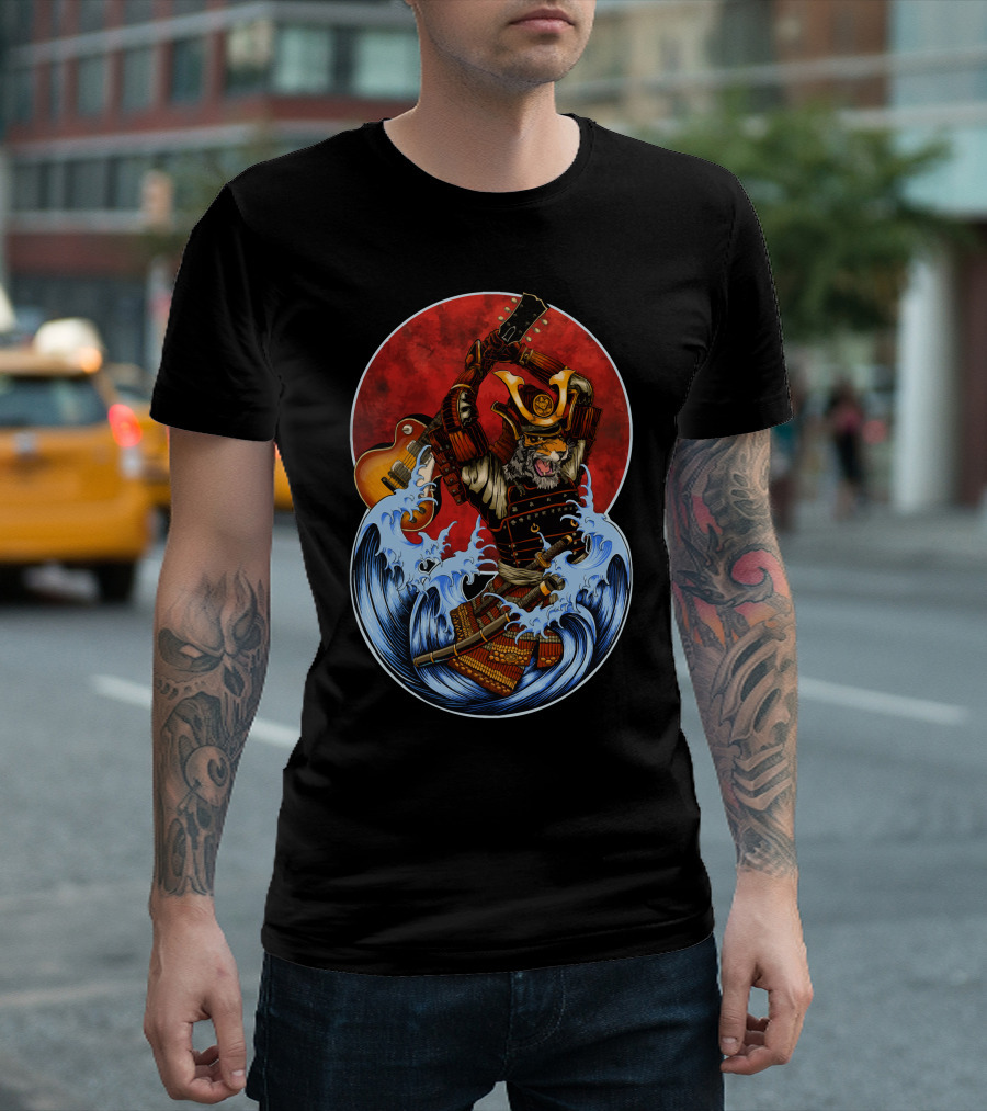 Six String Samurai Wielding Guitar in Samurai Armor Battling Waves T-Shirt