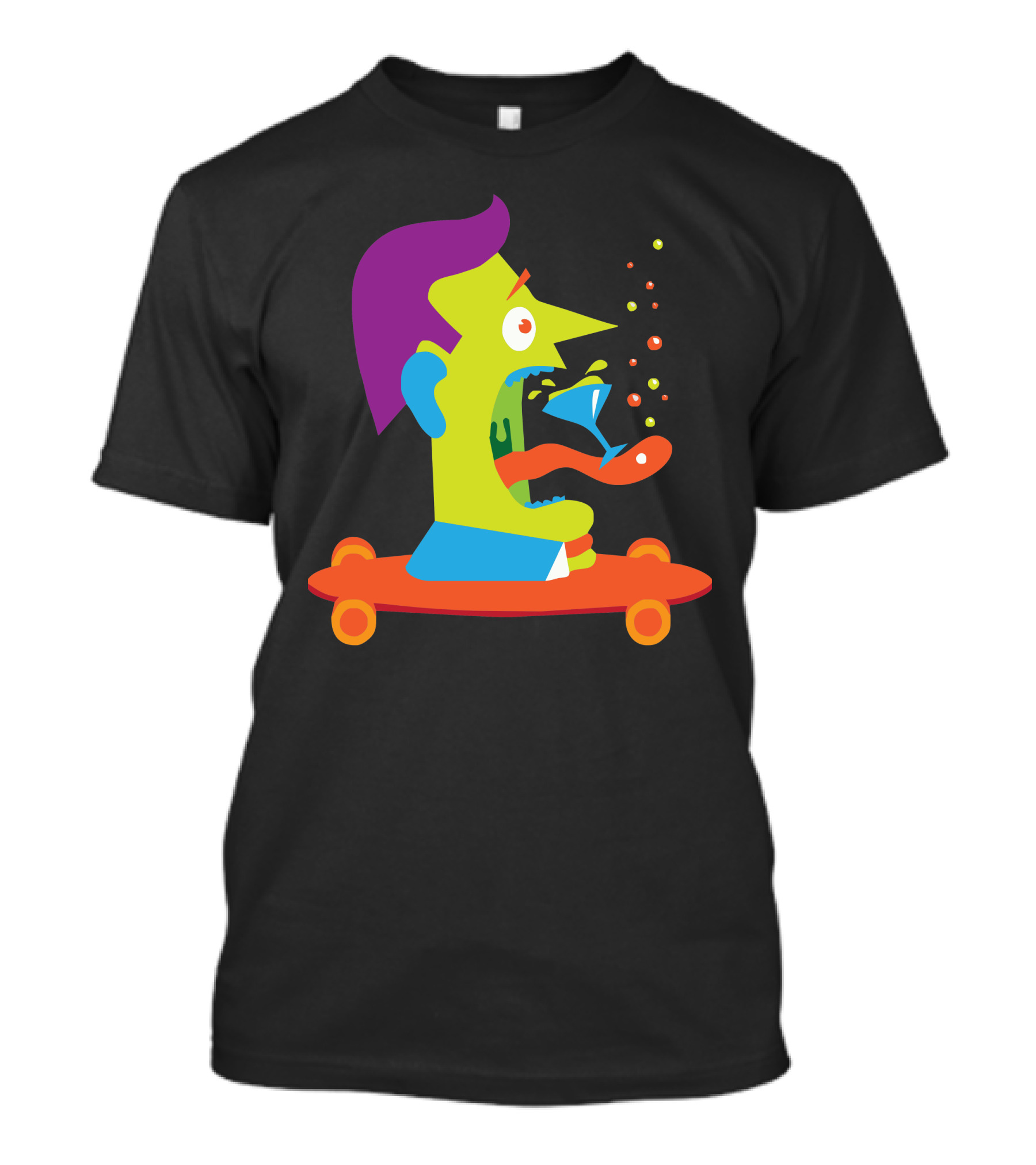 Skate Face Cartoon Character On Skateboard With Cocktail Explosion T-Shirt