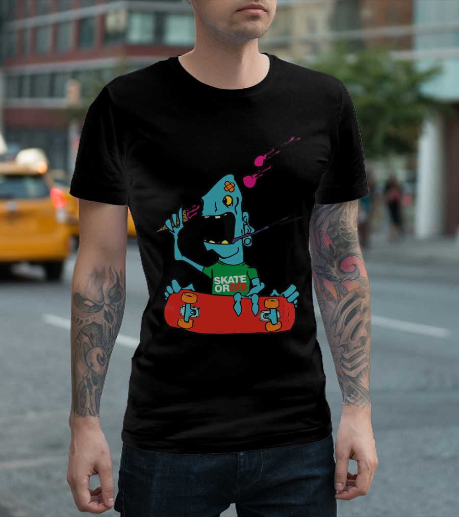 Skate Or Die Cartoon Ice Cream Monster with Red Skateboard T-Shirt