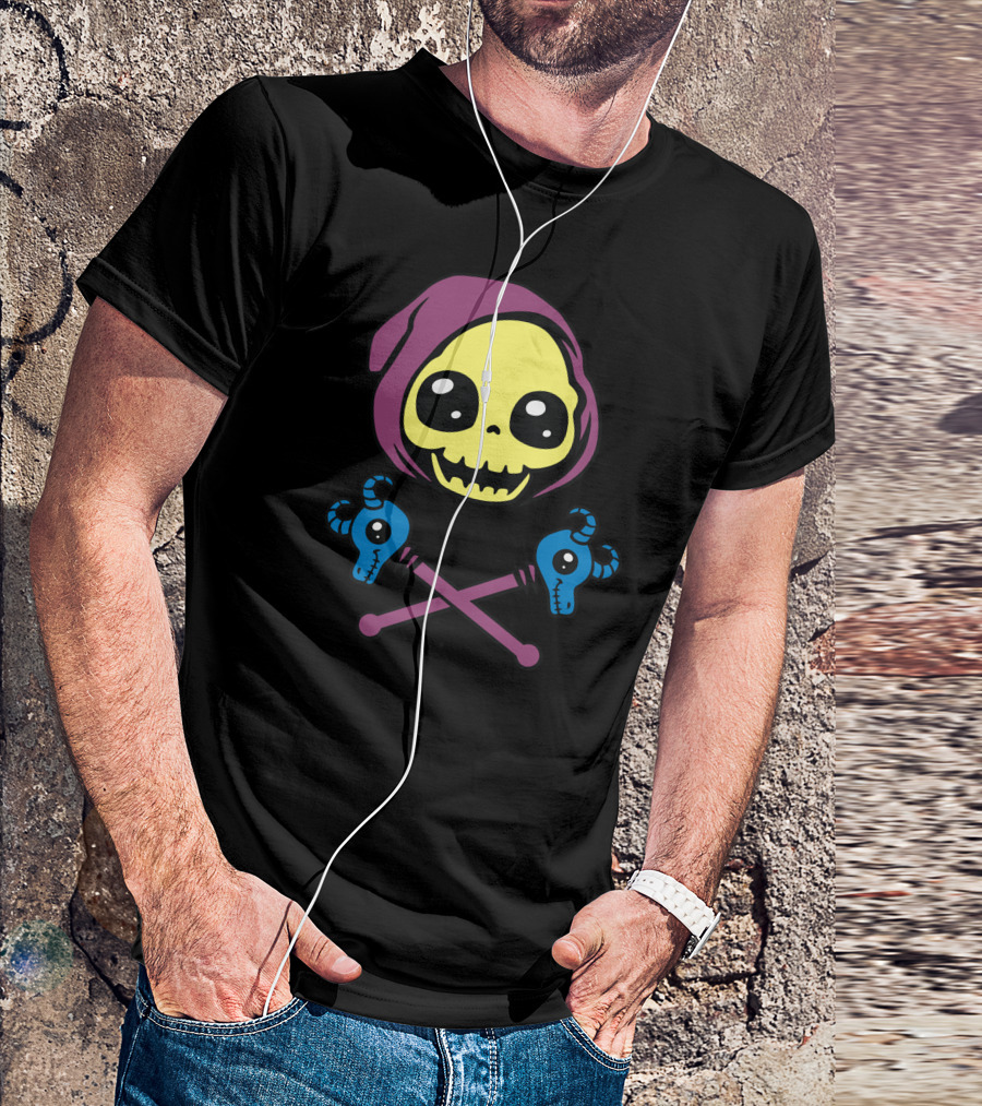 Skeletaw Crossbones Grim Reaper Skull With Blue Ram Skulls Crossed T-Shirt