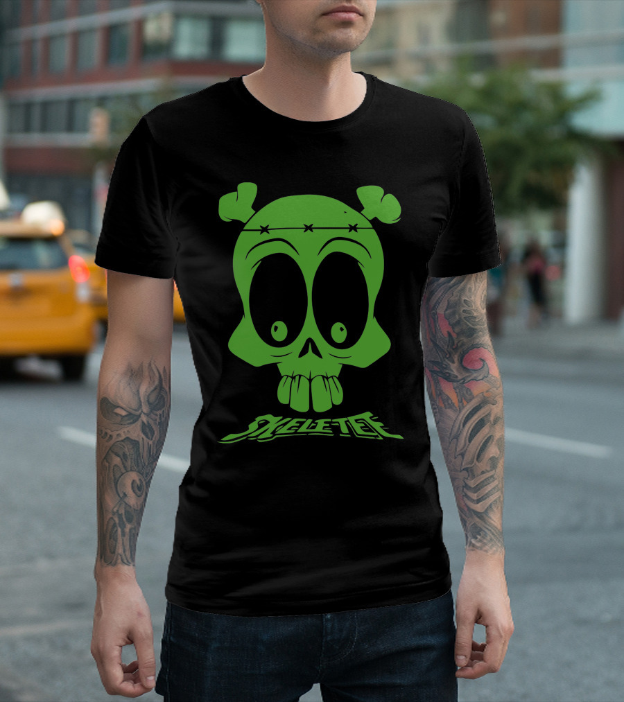 Skeletee Vert Fluorescent Skull with X Eyes and Bone Headband T-Shirt