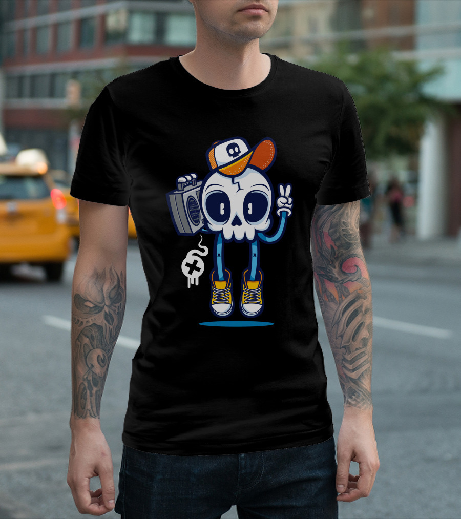 Skull with Boombox and Peace Sign Cap T-Shirt