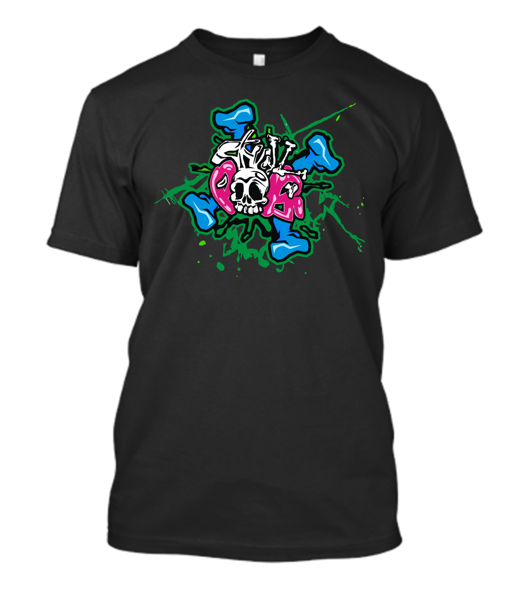 Skull Pops Graffiti Burst With Blue And Green Accents T-Shirt