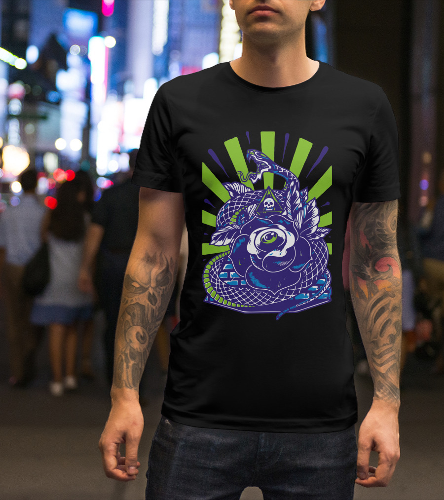Snake N Rose Skull Pyramid Graphic Botanical Reptile T-Shirt
