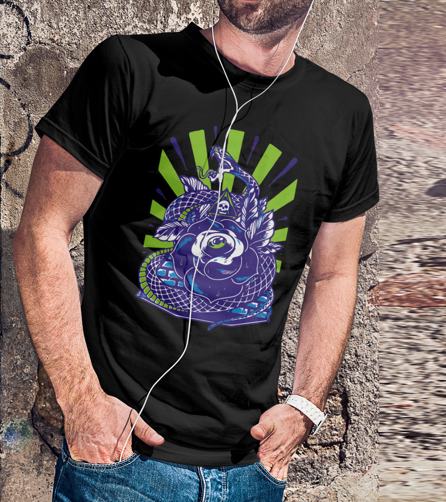 Snake N Rose Skull Pyramid Graphic Botanical Reptile T-Shirt