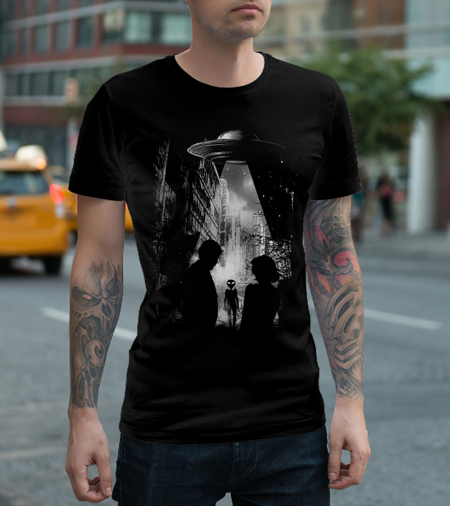Welcome To Earth Alien UFO Encounter in Futuristic Cityscape T-Shirt