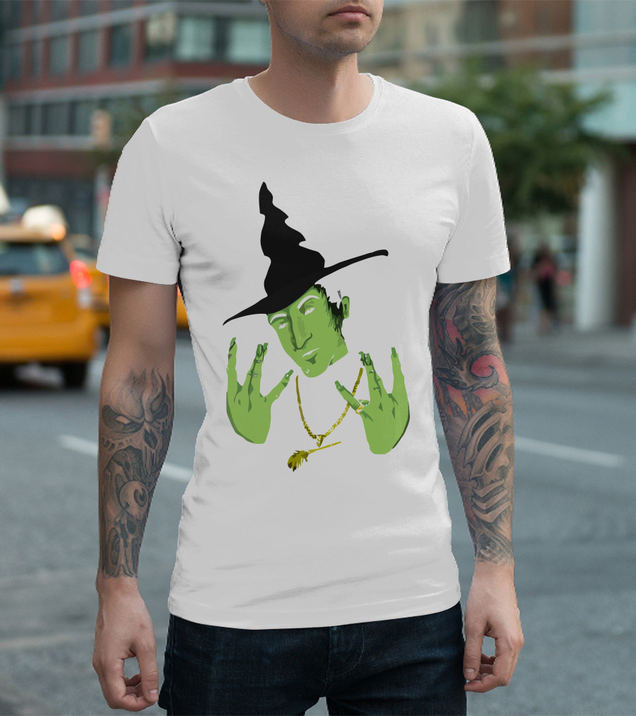 Westside Witch Green Face Gold Chain Black Hat Hand Sign Smoking T-Shirt
