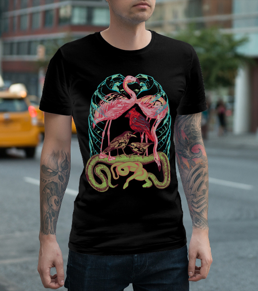 Wild Anatomy Flamingos Crows Owls Serpent and Ribcage T-Shirt