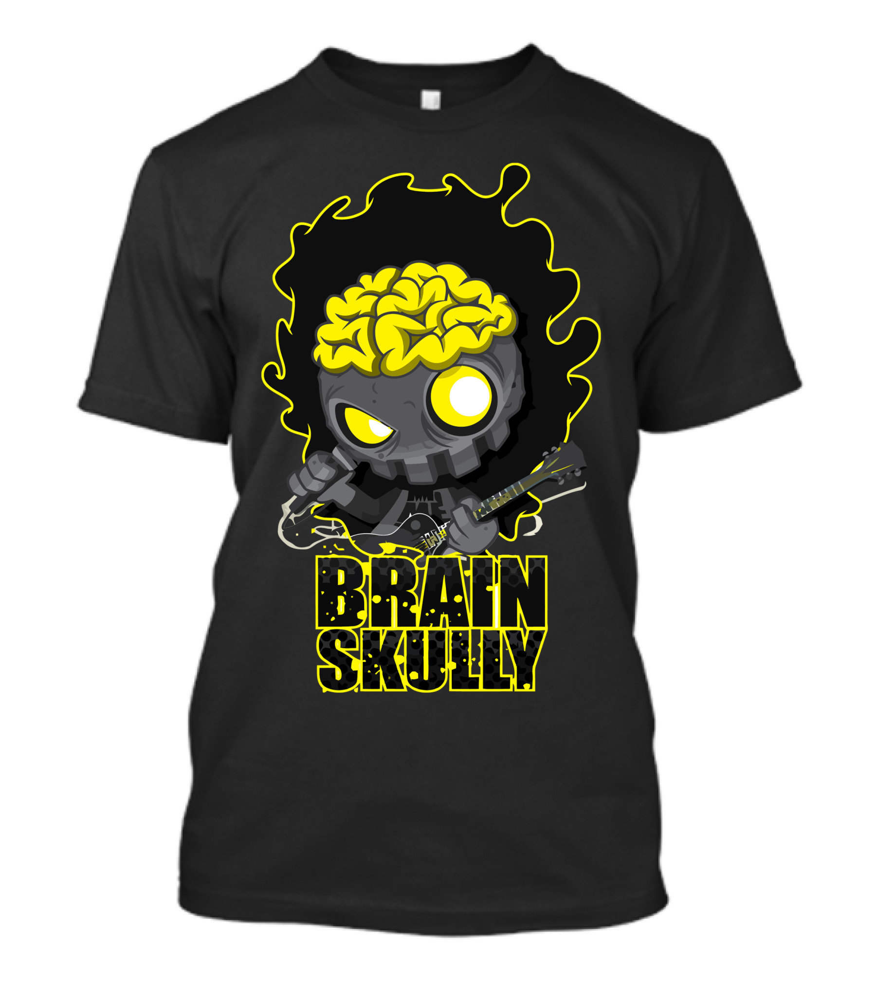 Brain Skully Guitar Playing Yellow Eyeballs T-Shirt