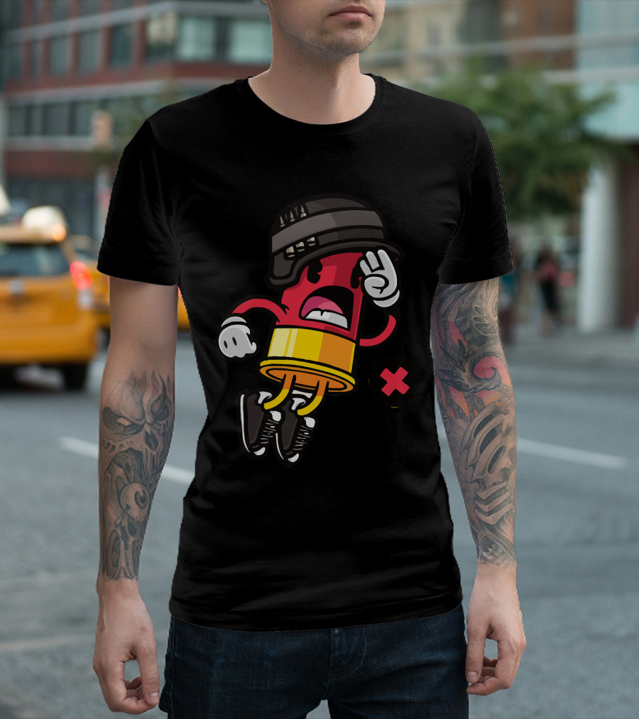 Bullet Time Cartoon Bullet Wearing Helmet and Sneakers with X T-Shirt
