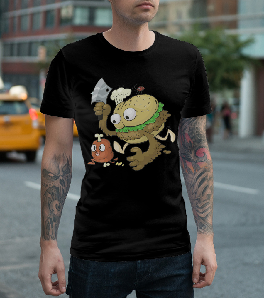 Cahtch A Meat Burger Monster Chef with Cleaver Chasing Chicken Nugget T-Shirt
