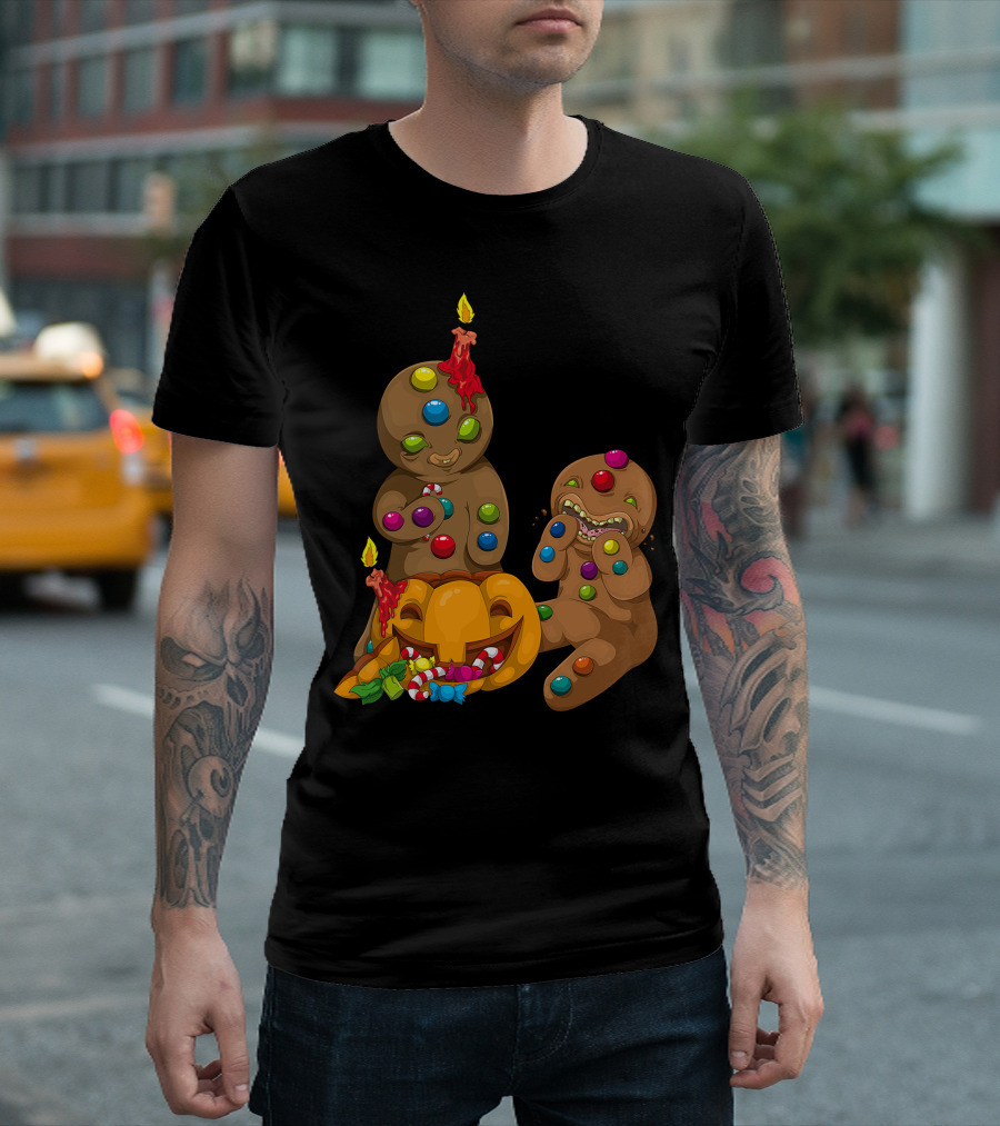 Candy Pumpkin Gingerbread Men with Candies and Jack-O'-Lantern T-Shirt