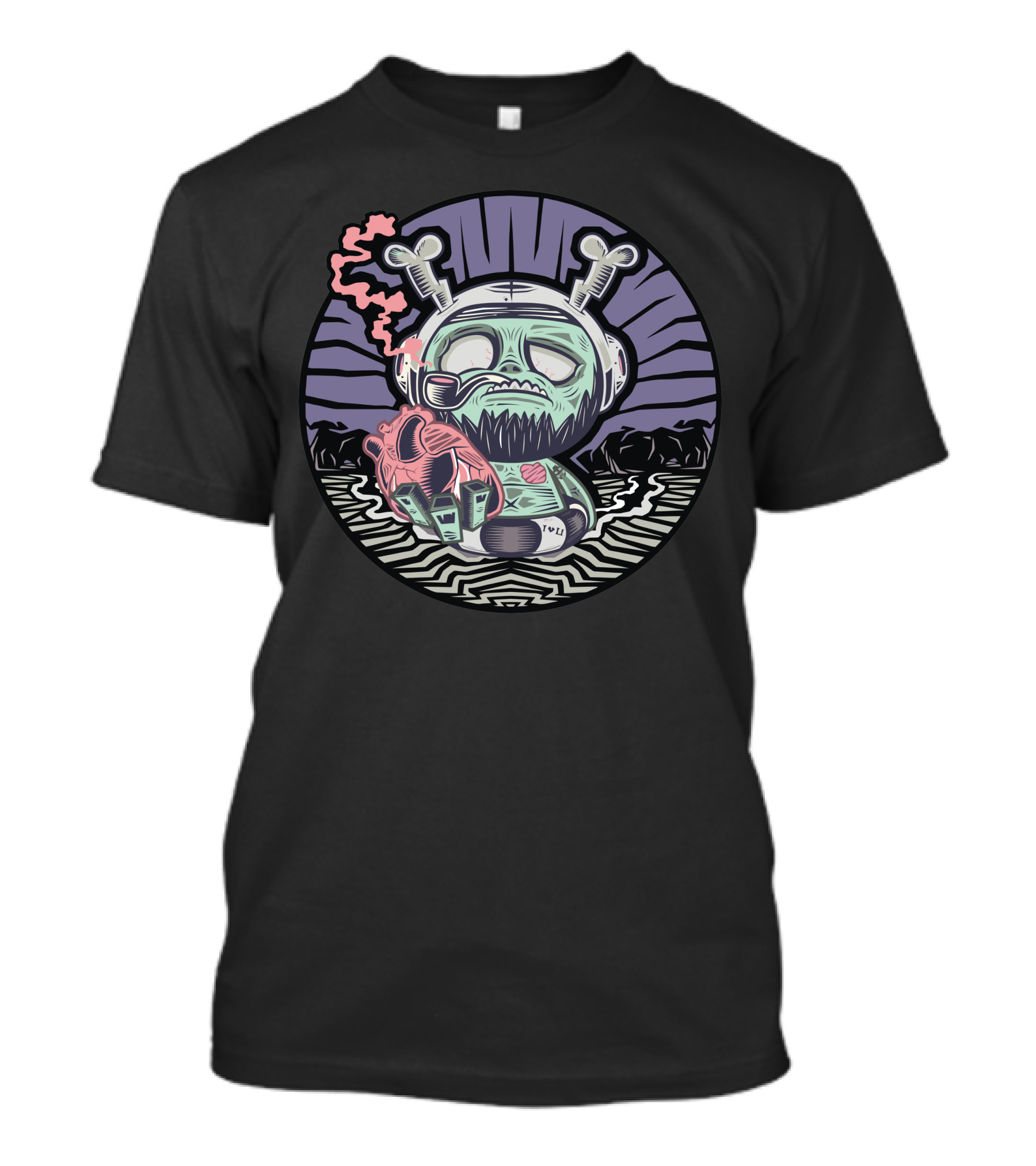Captain Zombie Astronaut Holding Heart With Smoking Pipe And Wind-Up Key T-Shirt