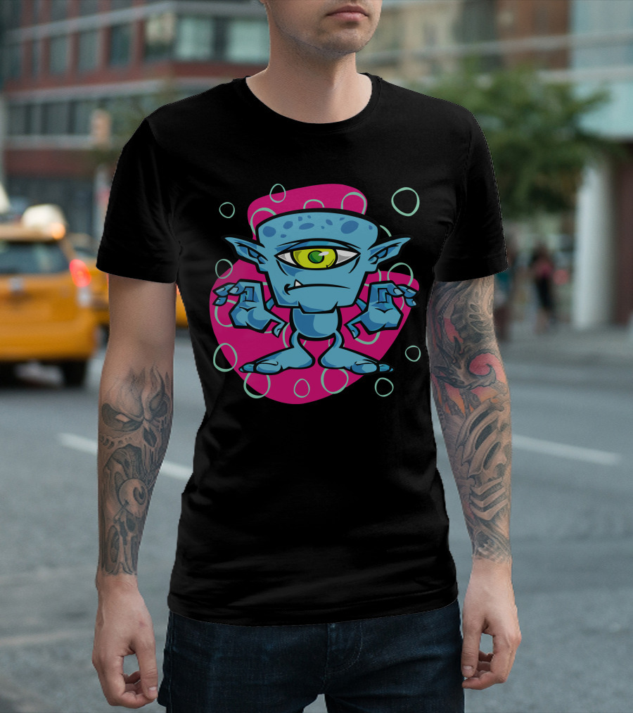 Cartoon One Eyed Space Monster with Blue Skin and Pink Background Circles T-Shirt