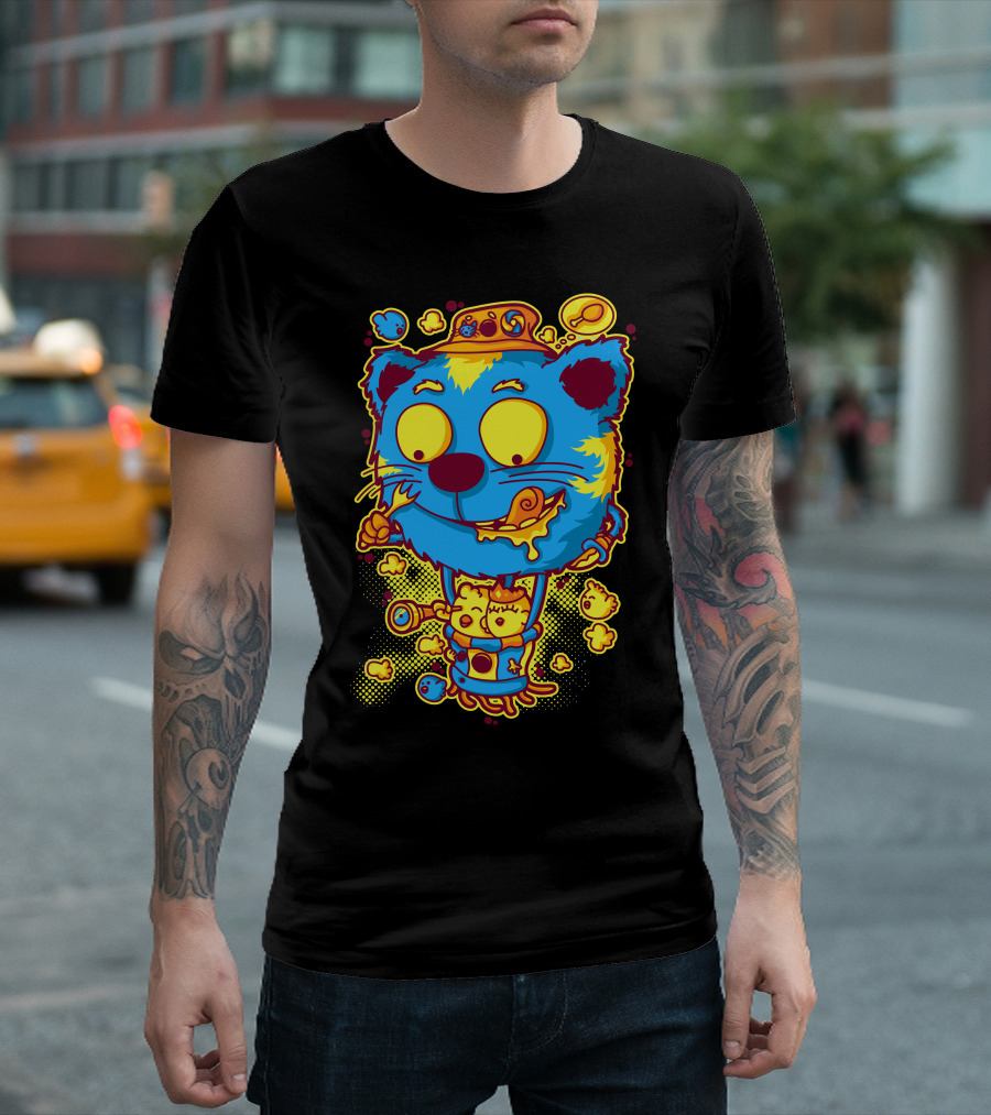 Chickens And Cat Balloon Adventure Whimsical Cartoon Teal Blue Yellow T-Shirt